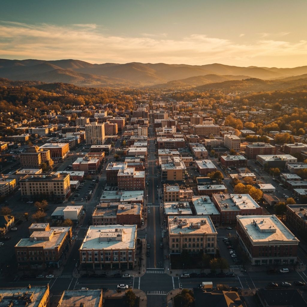 Asheville NC cityscape with Blue Ridge Mountains